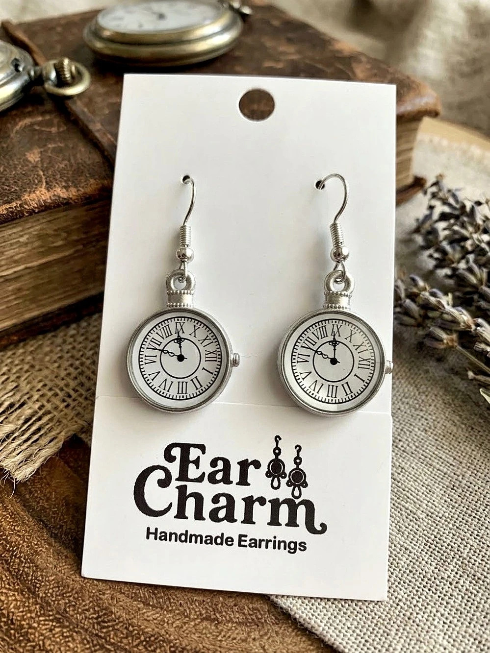 Silver Clock Watch Dangle Earrings